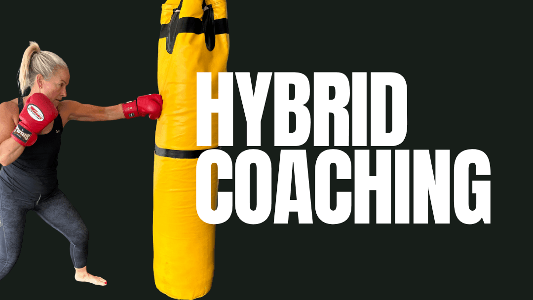 Woman with boxing gloves punching a yellow punching bag, text 'Hybrid Coaching' on the side.