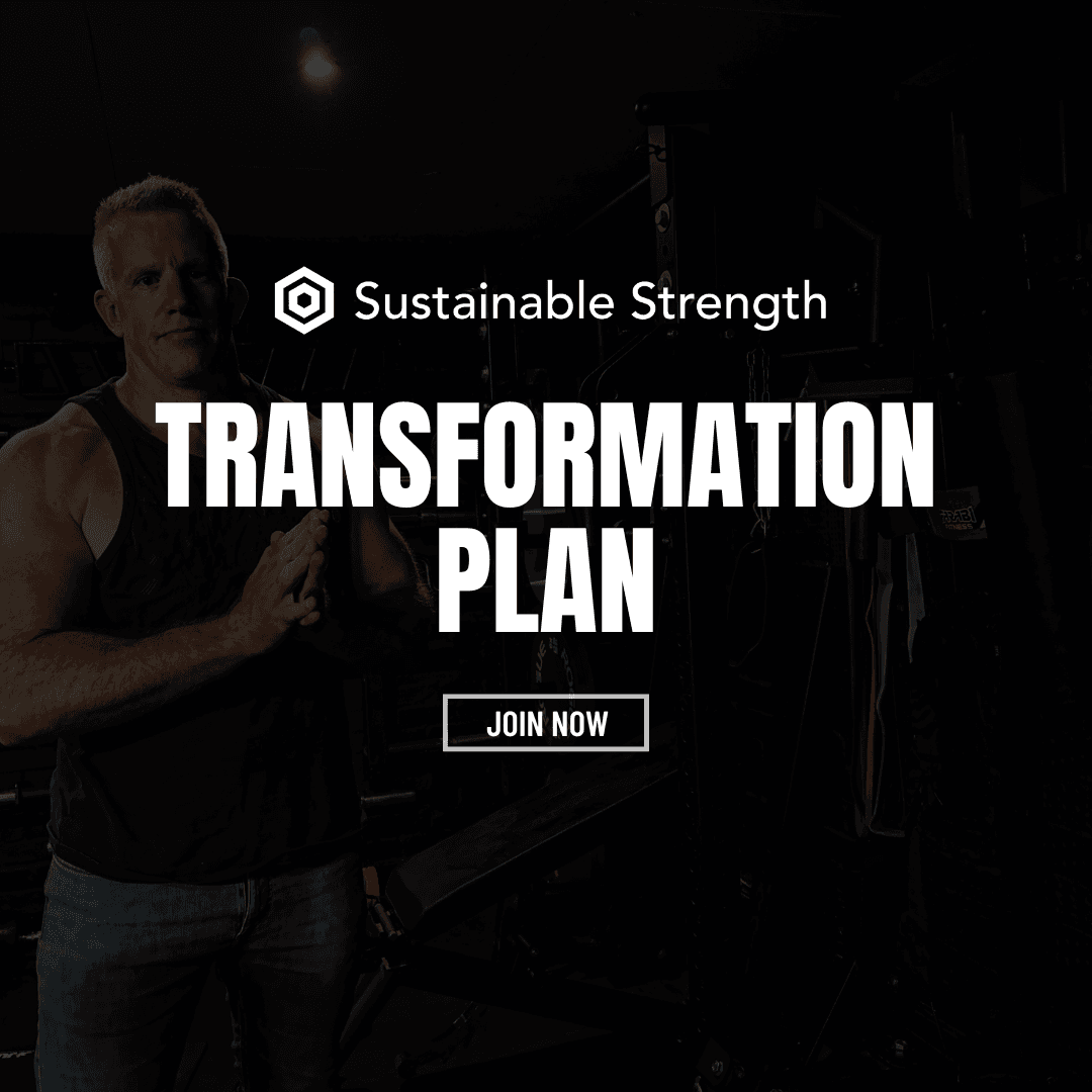 Man standing in a gym with text promoting Sustainable Strength Transformation Plan and a Join Now button.